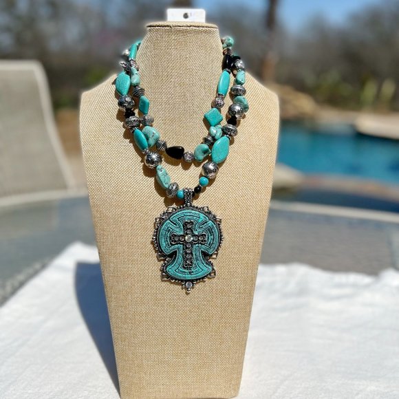 Cross Necklace Multi Strand Statement Set Huge Turquoise Howlite Handmade - Picture 3 of 8